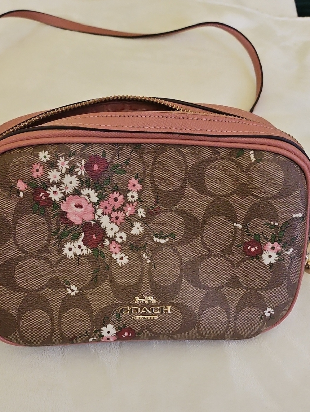 Coach Brown Signature Floral Crossbody with Pink Trim